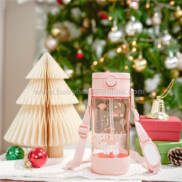 Richell(ริเชล) AXSTARS แก้วหลอดดูดกันสำลัก คว่ำไม่หก 450 มล.พร้อมสายคล้องคอ สีชมพู